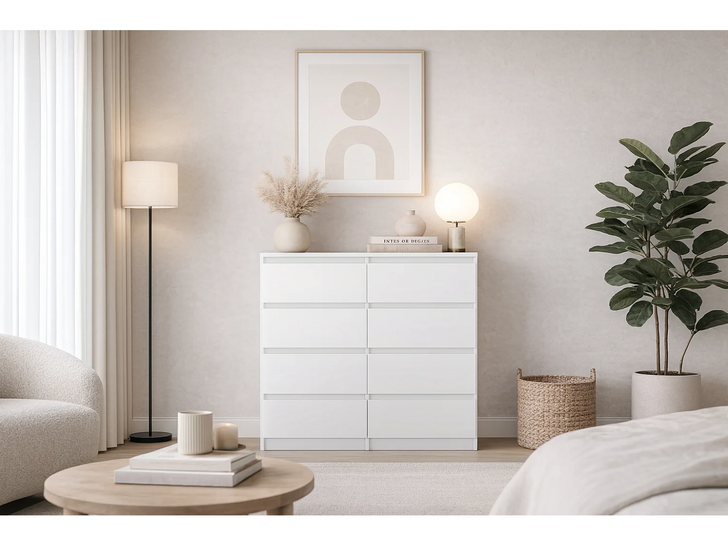 Comò, semplice 100 cm in bianco con 8 cassetti