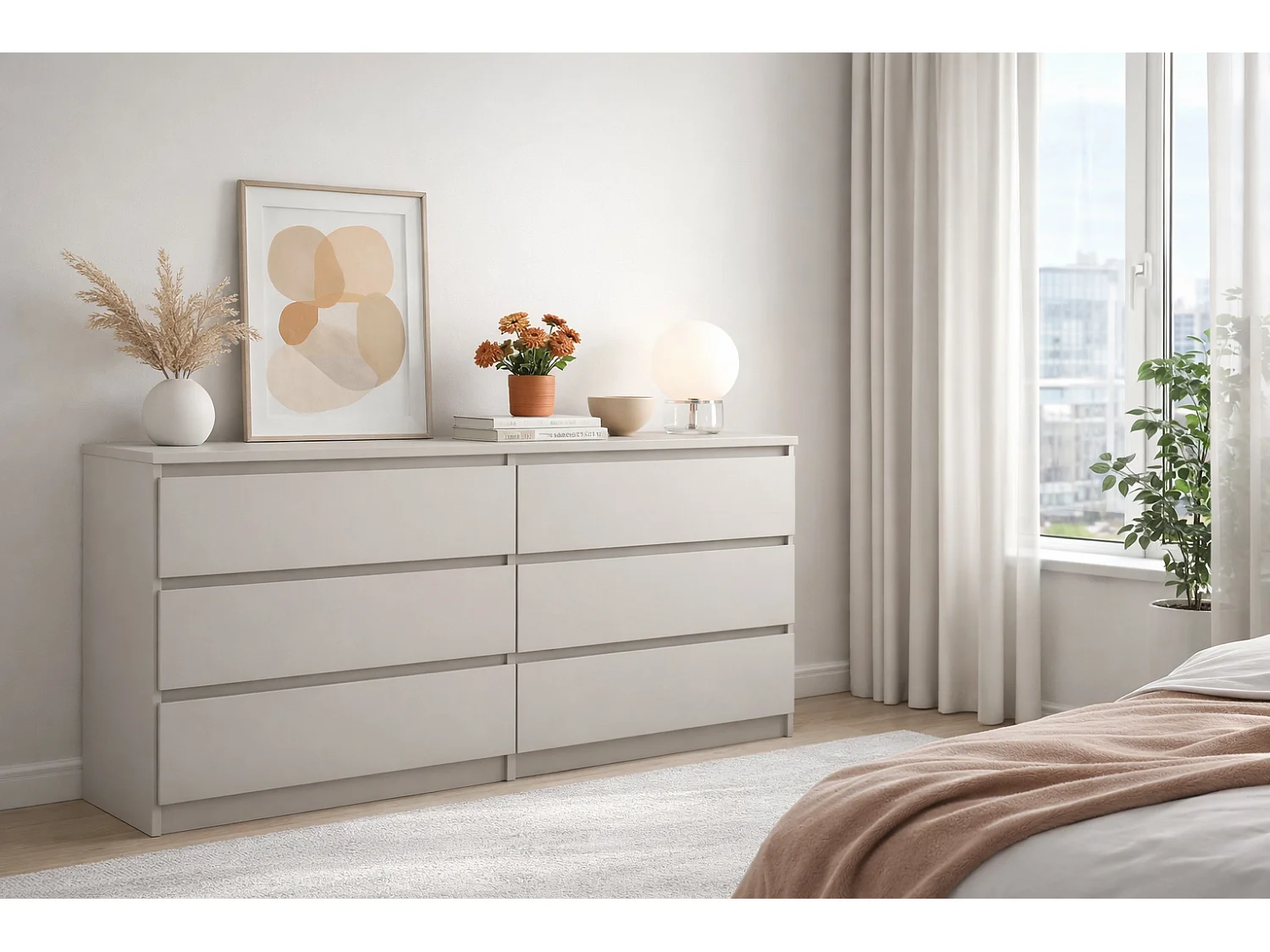 Eenvoudige ladekast 140 cm in kasjmier met 6 lades