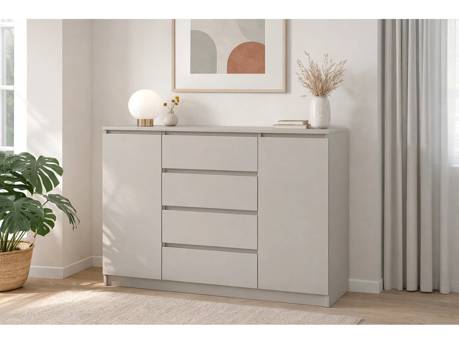 Commode Simple 140 cm couleur cachemire, 2 portes 4 tiroirs