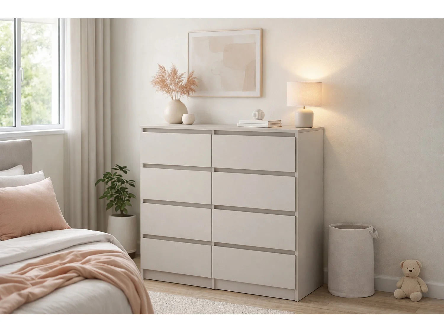 Semplice cassettone di 120 cm in cashmere con 8 cassetti