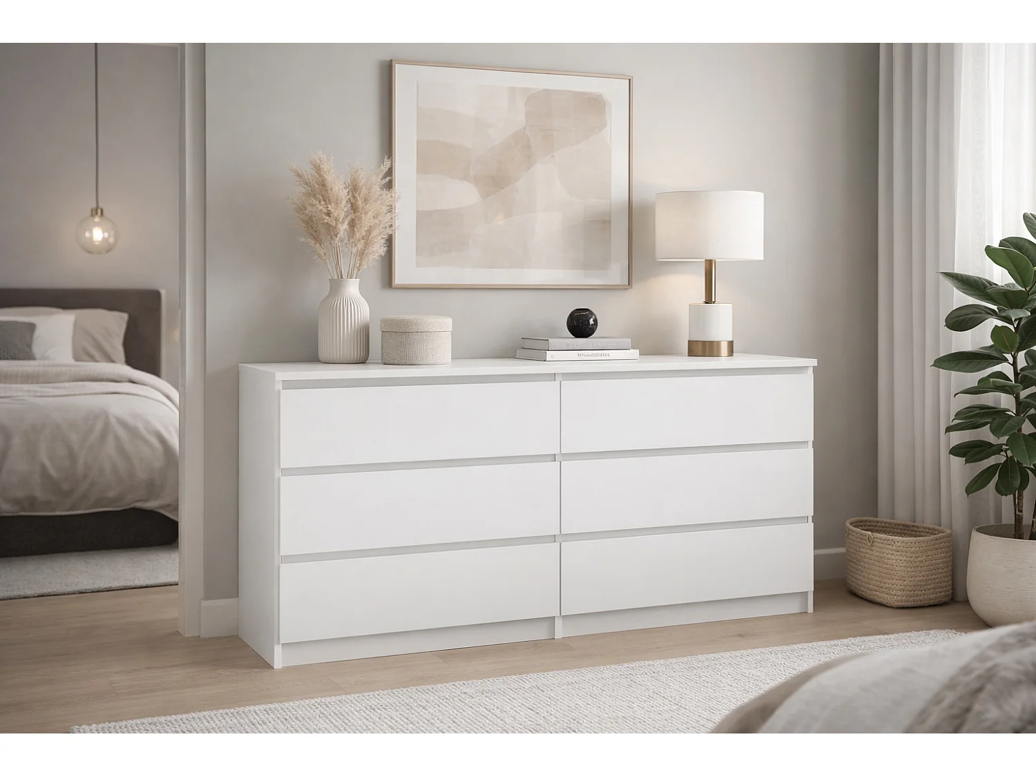 Commode Simple 140 cm en blanc avec 6 tiroirs