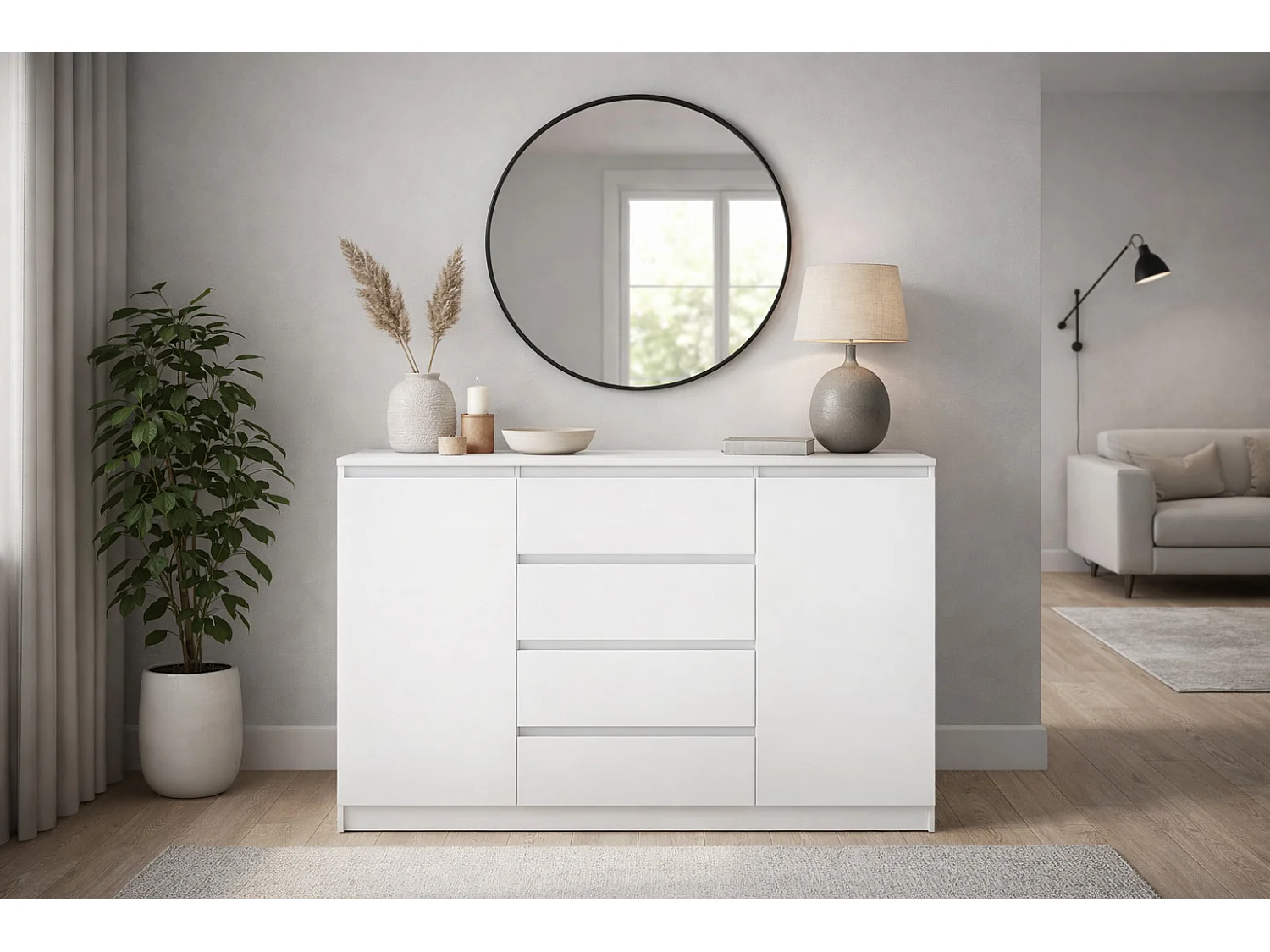 Ladekast Eenvoudig 140 cm in wit, 2 deuren, 4 lades,