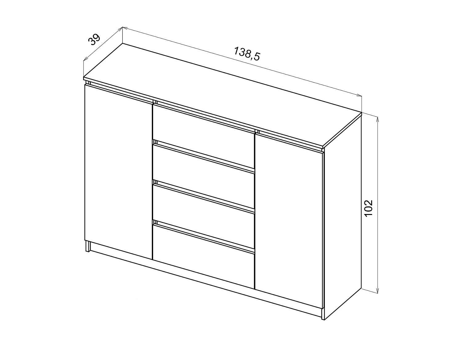 Ladekast Eenvoudig 140 cm in wit, 2 deuren, 4 lades,