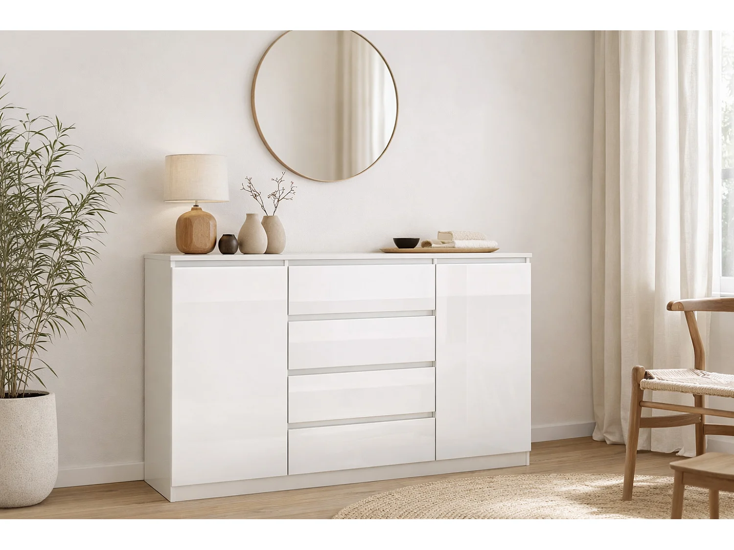 Commode Simple 140 cm blanc/brillant blanc 2 portes 4 tiroirs