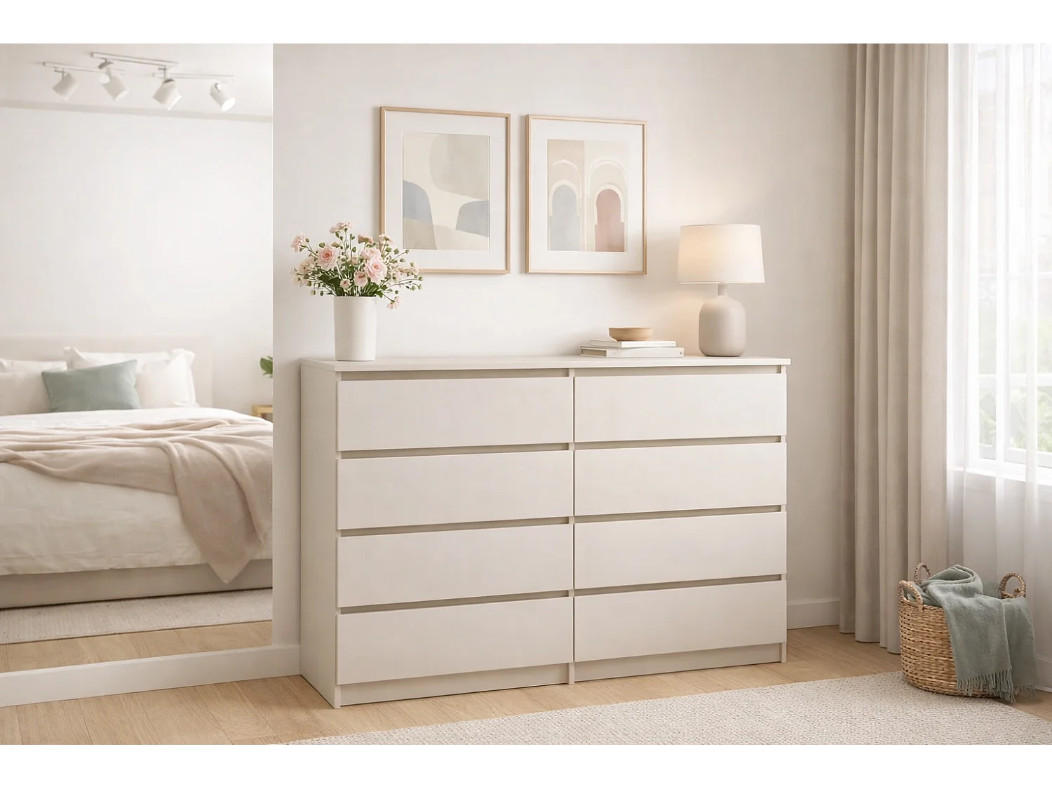 Comò semplice 140 cm in cashmere con 8 cassetti