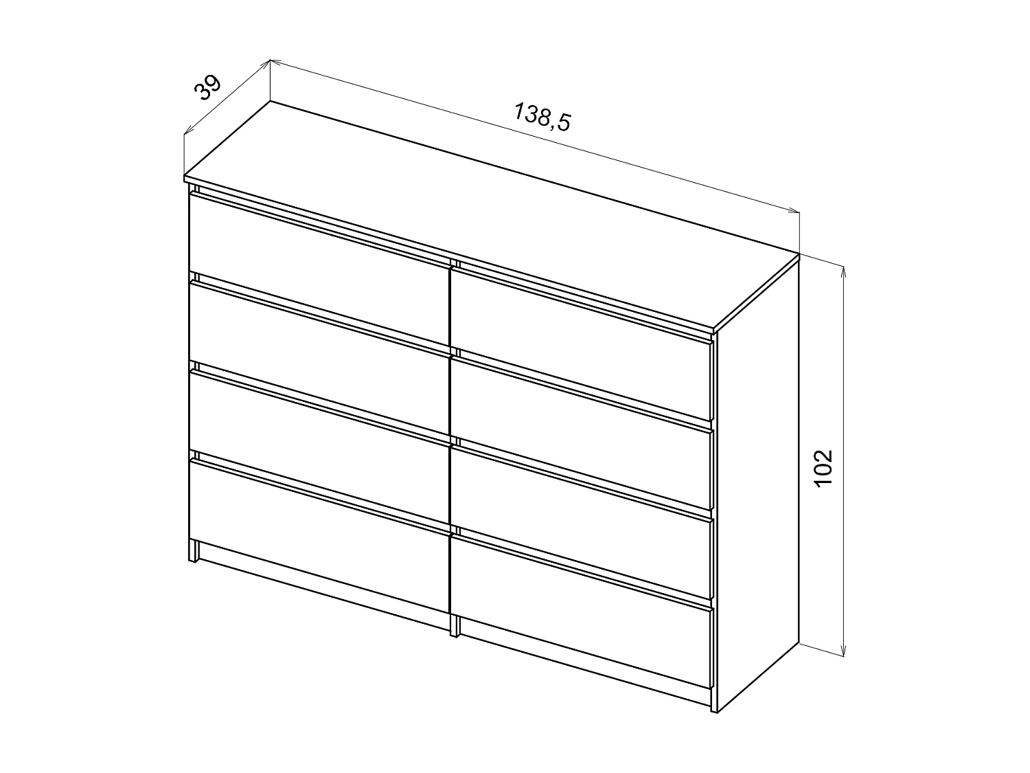 Comò semplice 140 cm in cashmere con 8 cassetti