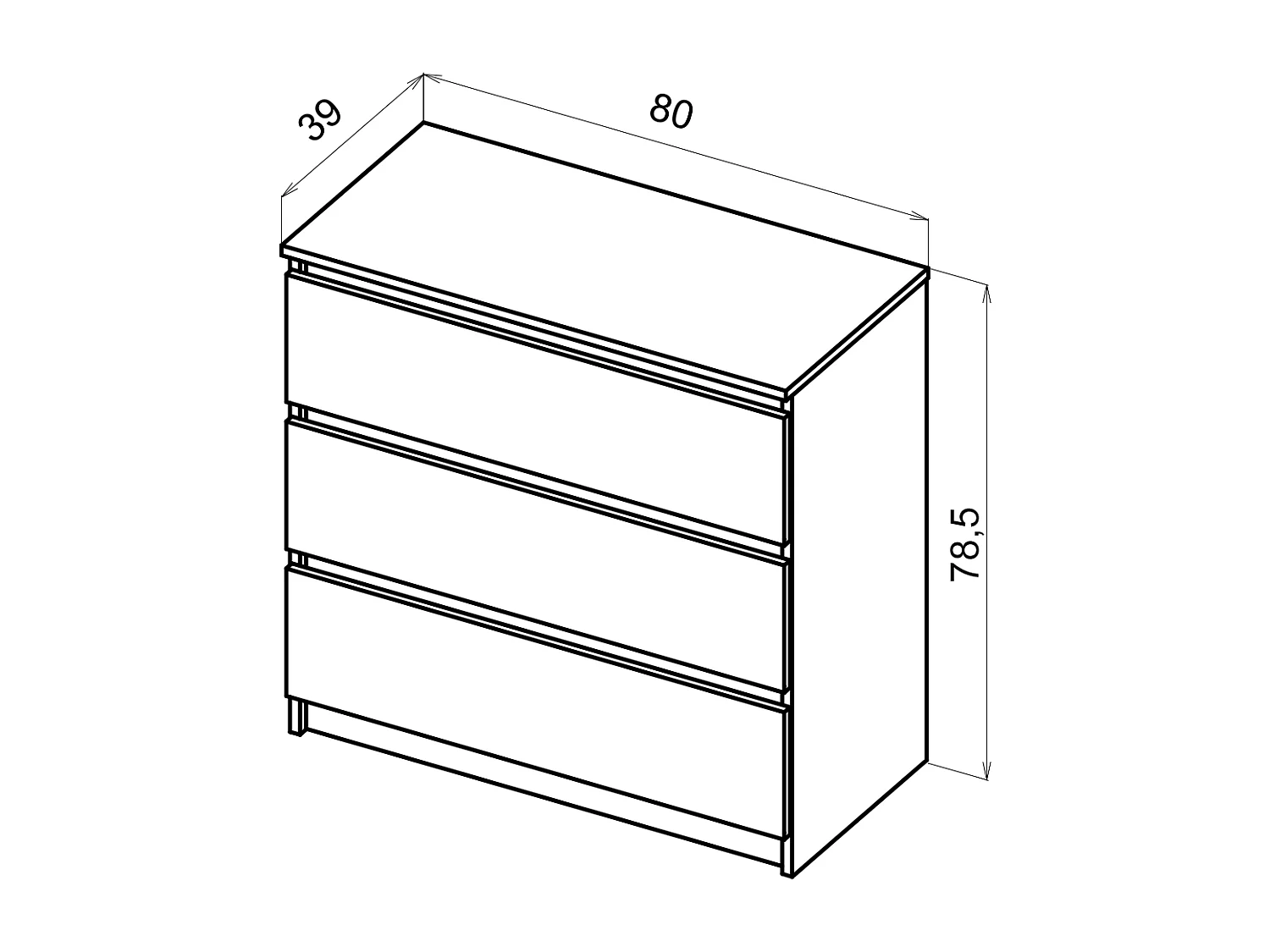 Comò, semplice 80 cm in bianco, con 3 cassetti