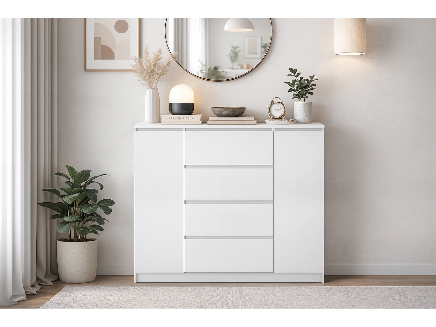 Ladekast Eenvoudig 120cm in wit, 2 deuren, 4 lades,