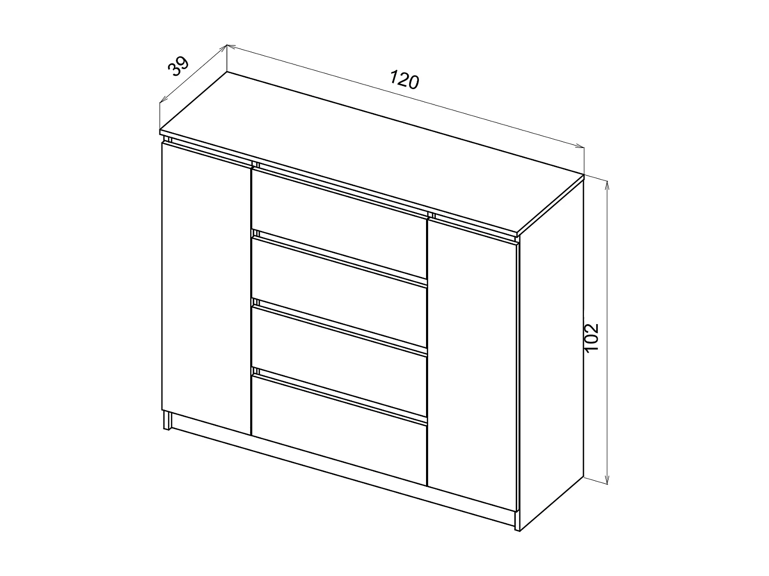 Ladekast Eenvoudig 120cm in wit, 2 deuren, 4 lades,