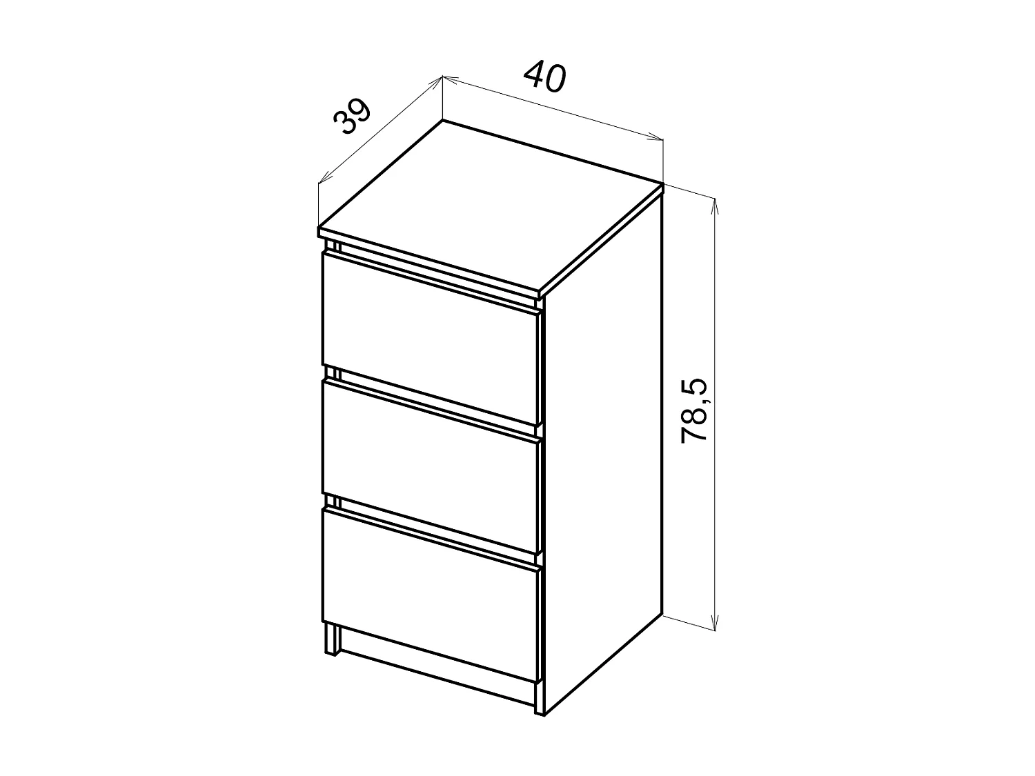 Eenvoudige ladekast 40 cm in zwart met 3 lades
