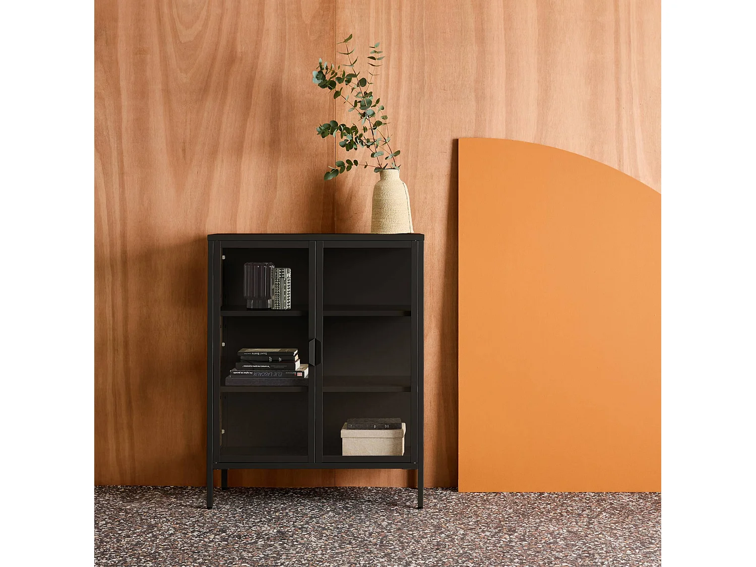 Vitrina de acero y vidrio templado de 2 puertas, 102cm negro