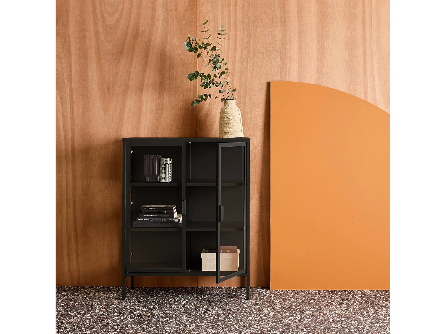 Vitrina de acero y vidrio templado de 2 puertas, 102cm negro