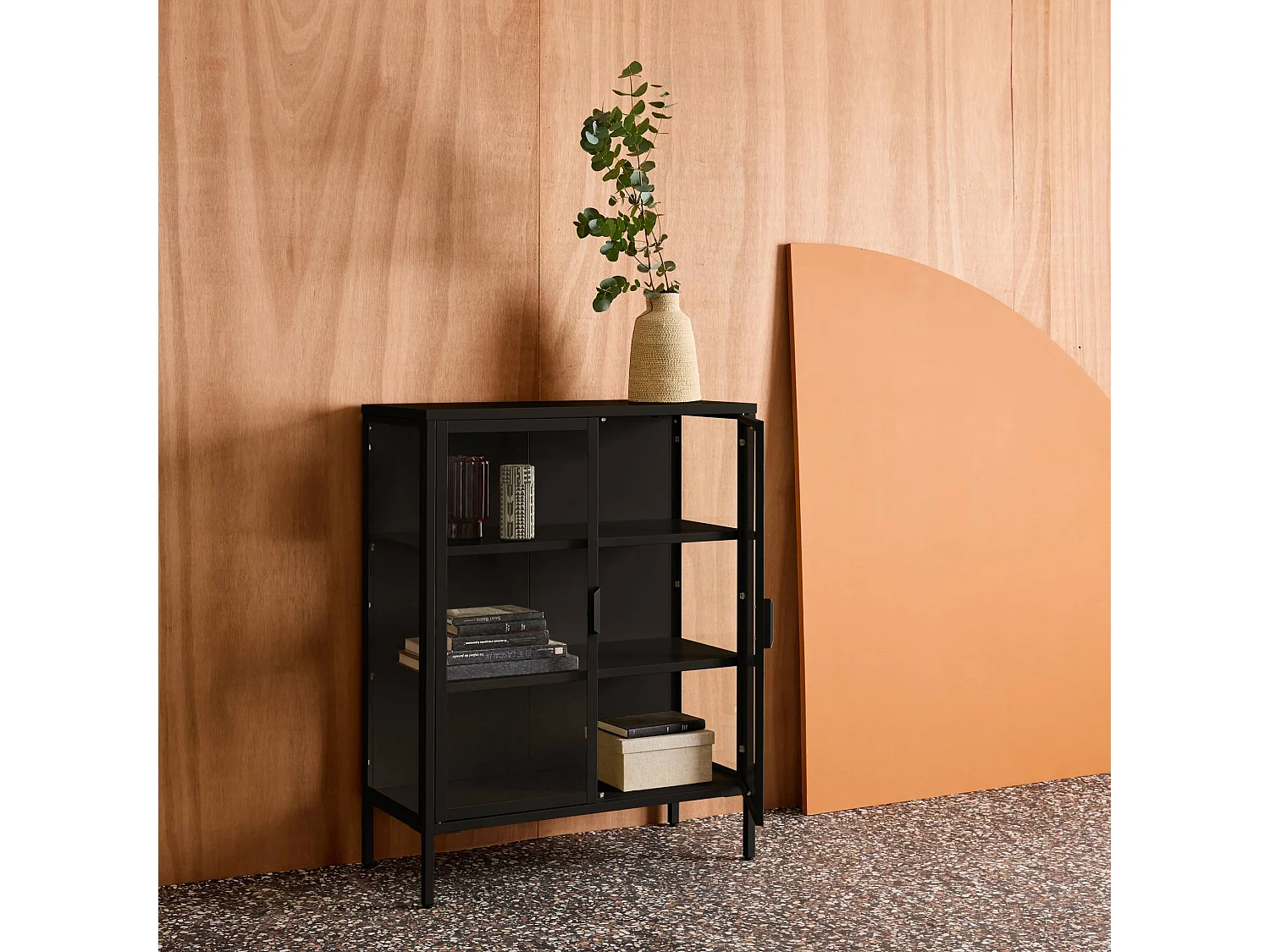 Vitrina de acero y vidrio templado de 2 puertas, 102cm negro