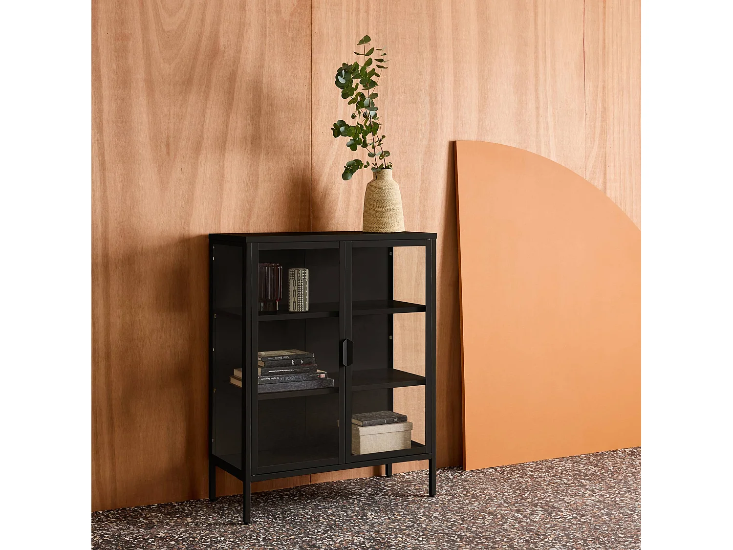 Vitrina de acero y vidrio templado de 2 puertas, 102cm negro