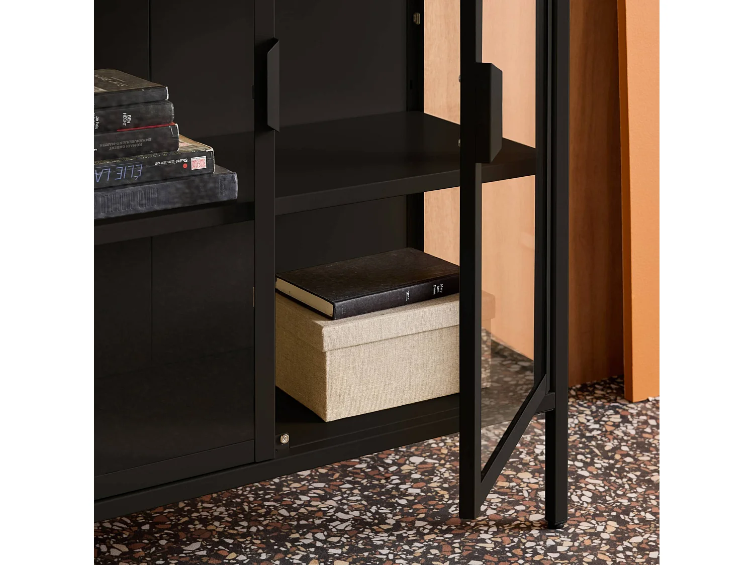 Vitrina de acero y vidrio templado de 2 puertas, 102cm negro