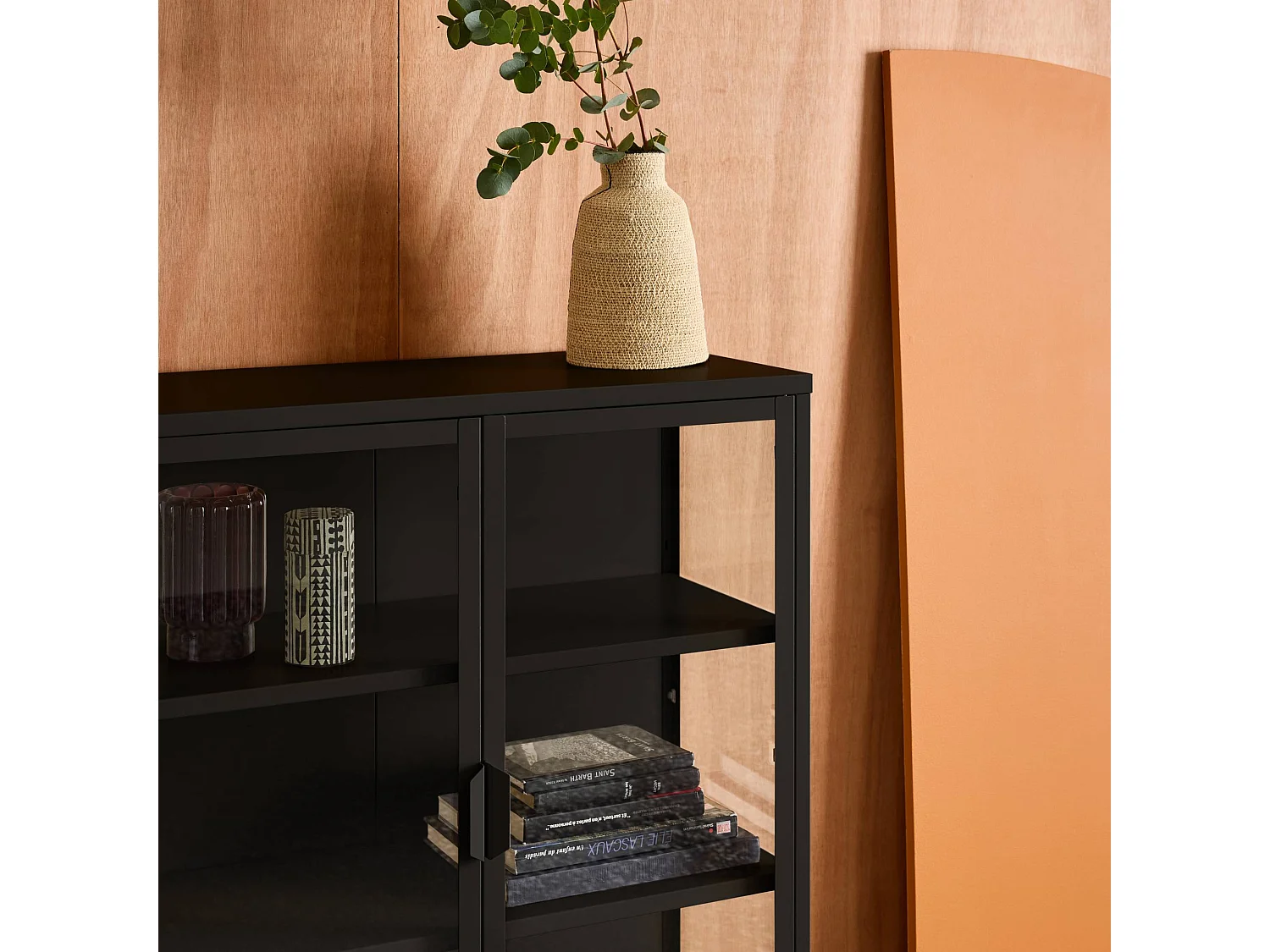 Vitrina de acero y vidrio templado de 2 puertas, 102cm negro