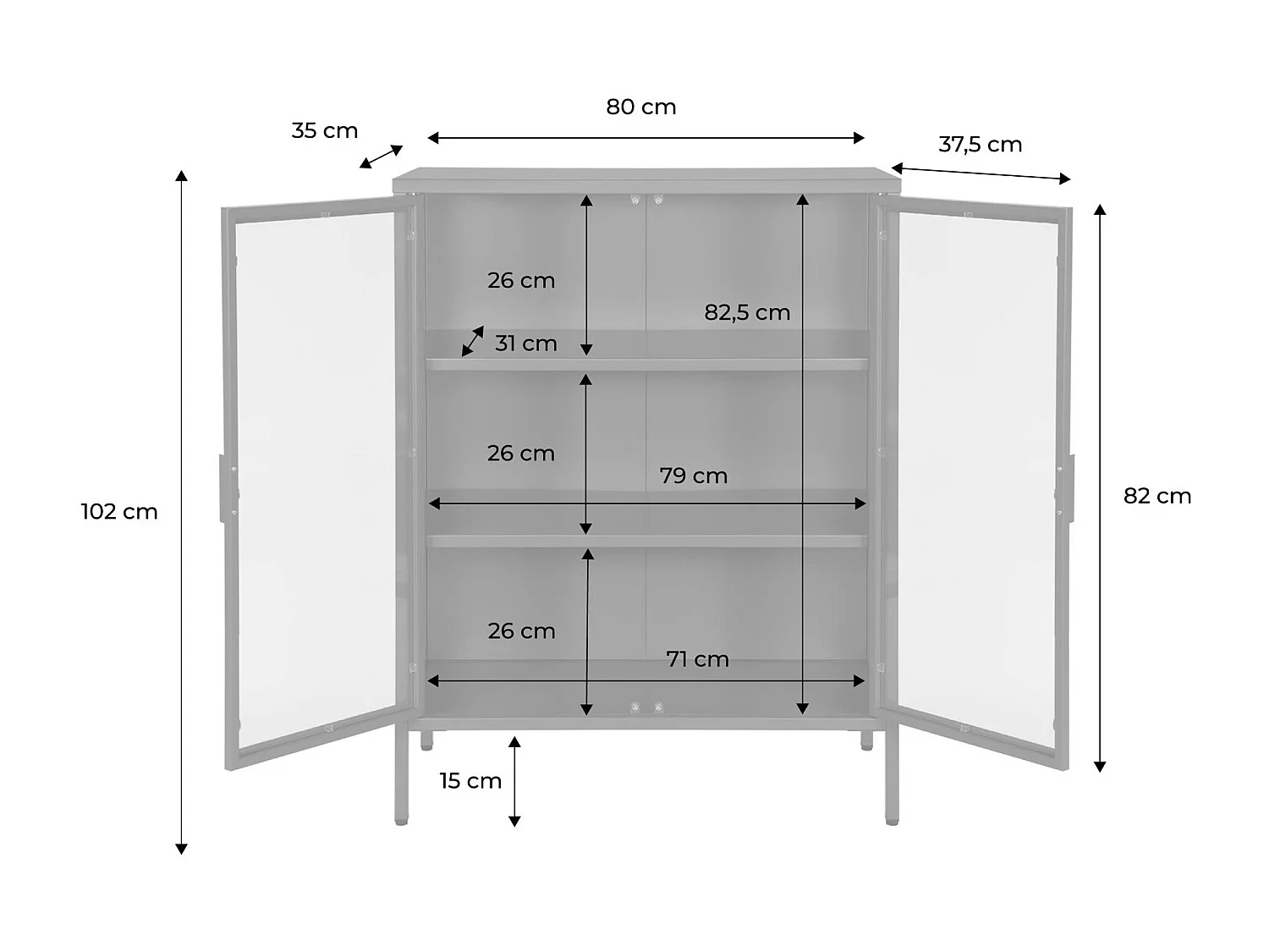 Vitrina de acero y vidrio templado de 2 puertas, 102cm beige
