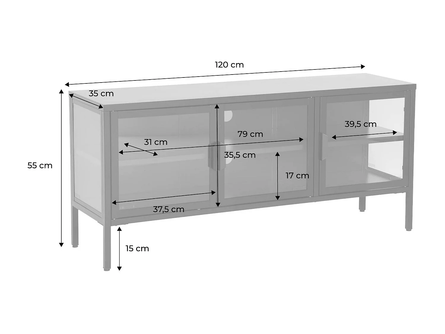 Mobile tv industriale in metallo e vetro temperato 3 ante 120cm, beige