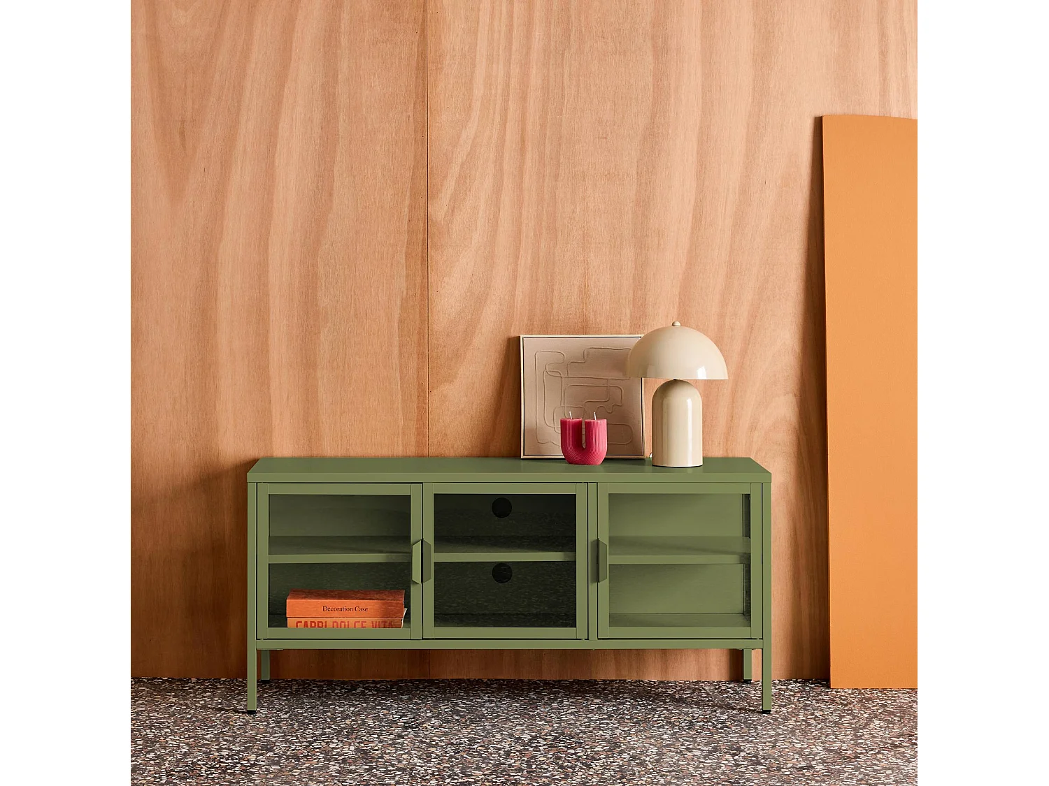 Meuble TV industriel métal et verre trempé 3 portes 120cm vert - Arkansas
