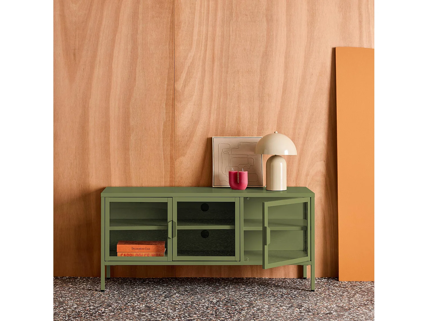 Meuble TV industriel métal et verre trempé 3 portes 120cm vert - Arkansas