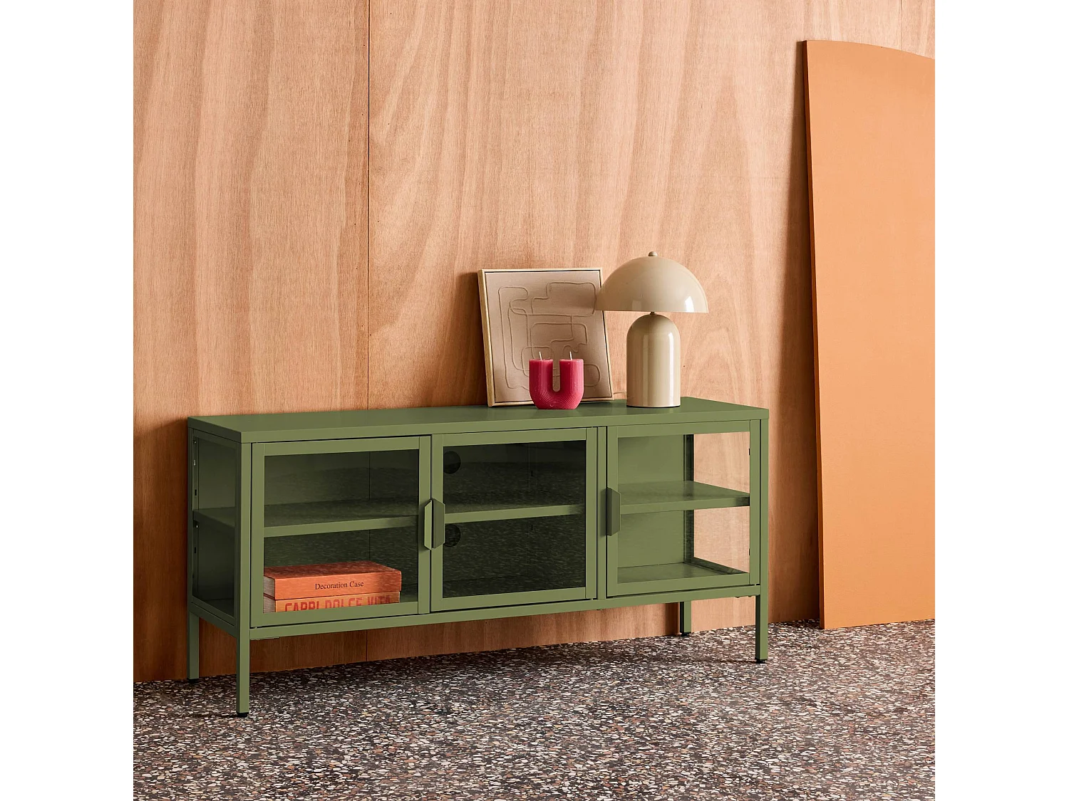 Meuble TV industriel métal et verre trempé 3 portes 120cm vert - Arkansas