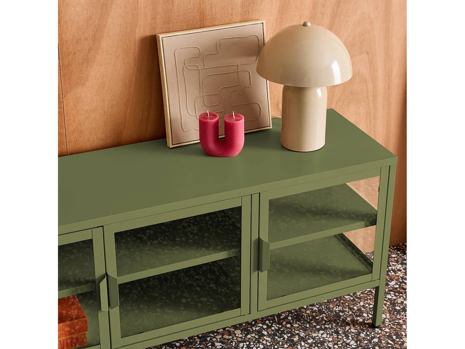 Meuble TV industriel métal et verre trempé 3 portes 120cm vert - Arkansas