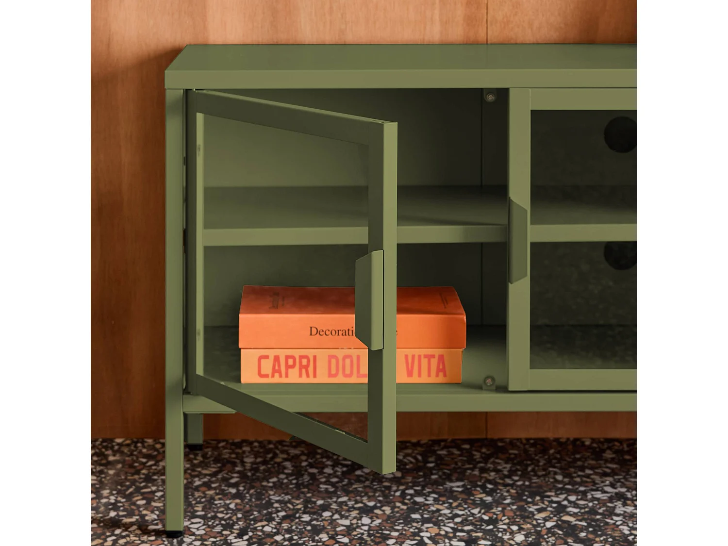 Meuble TV industriel métal et verre trempé 3 portes 120cm vert - Arkansas