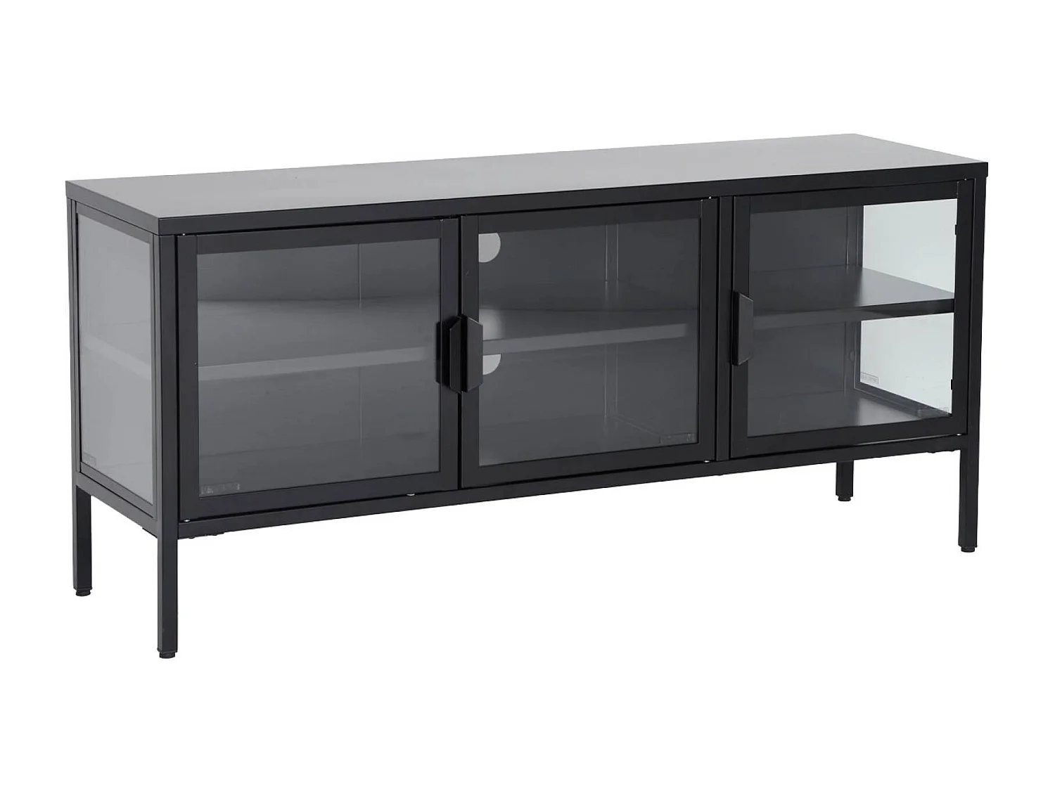 Mueble de tv industrial de metal y vidrio templado con 3 puertas,