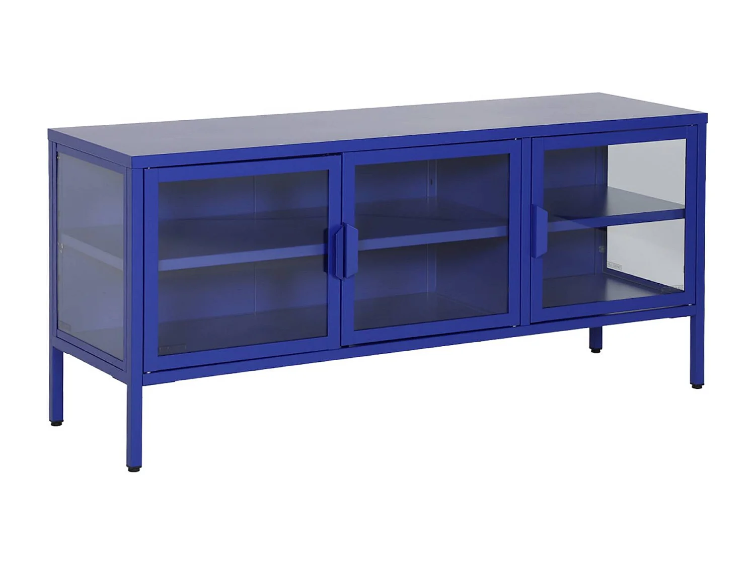 Meuble TV industriel métal et verre trempé 3 portes 120cm bleu - Arkansas