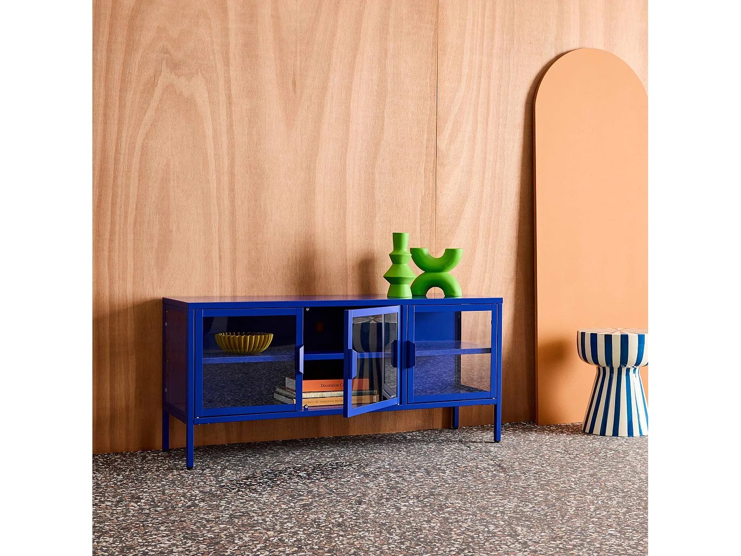 Meuble TV industriel métal et verre trempé 3 portes 120cm bleu - Arkansas
