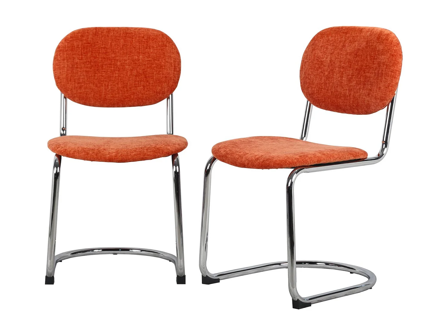 Lot de 2 chaises cantilever arrondie métal. tissu chenille orange et pieds chromés - L 47 x P 54.5 x H 81cm - Maloa