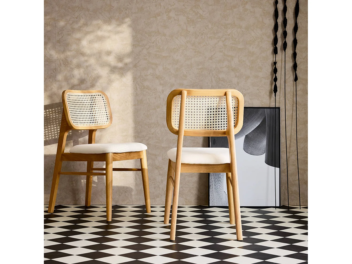 Silla bohemia de madera de hevea y rejilla, set de 2 roble