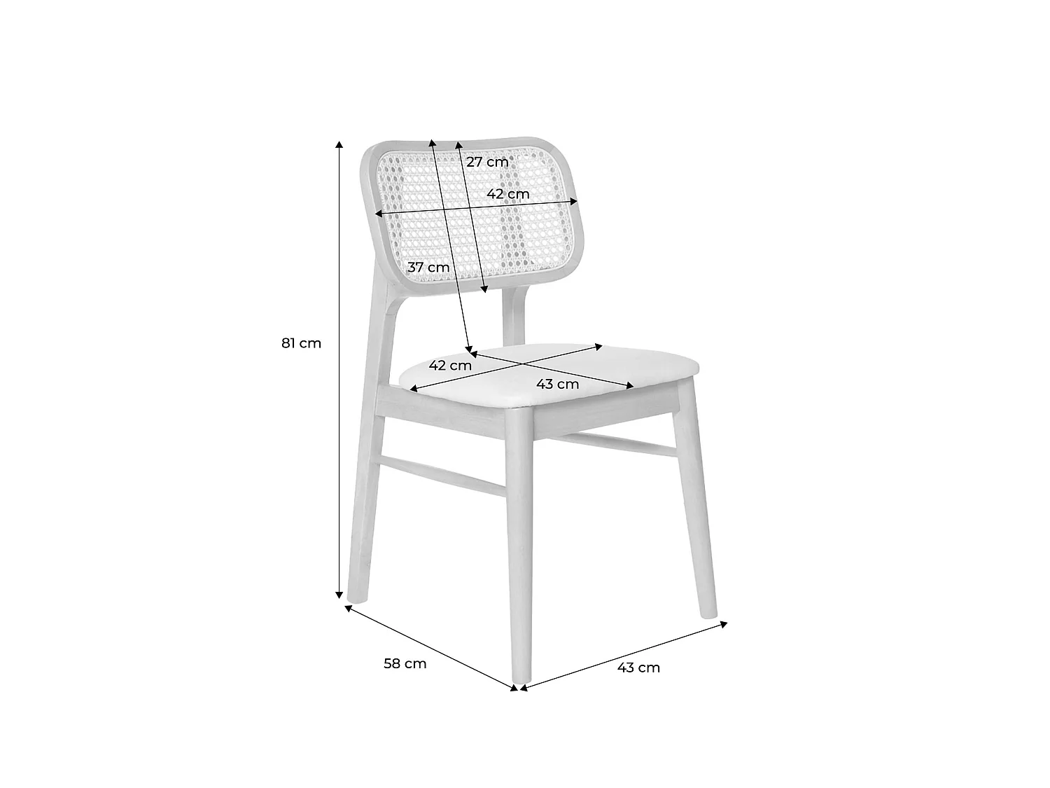 Lot de 2 chaises bois d'hévéa. cannage et tissu beige. bohème. L 43 x P 55 x H 81cm