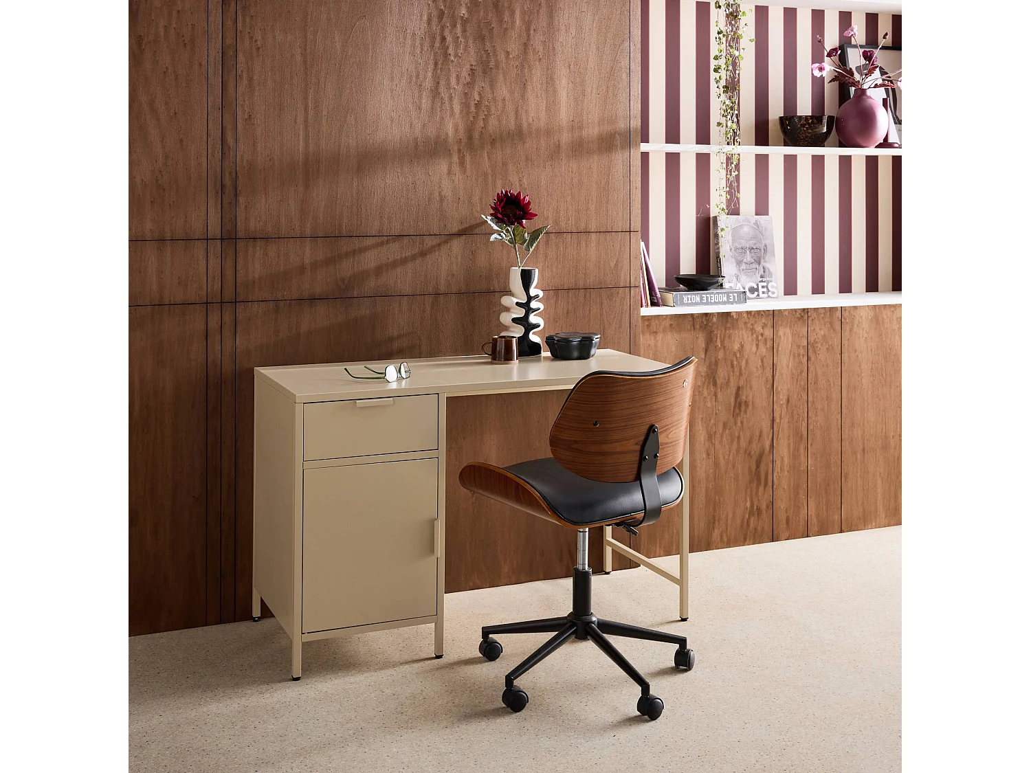 Scrivania per bambini in acciaio laminato, 1 cassetto, beige