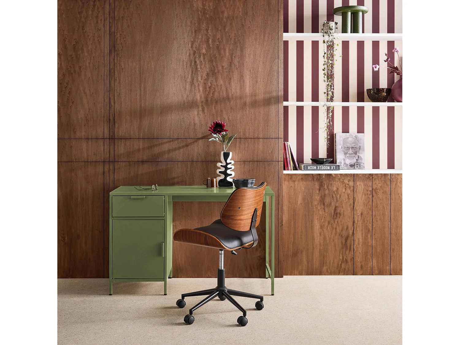 Scrivania per bambini in acciaio laminato, 1 cassetto, verde kaki