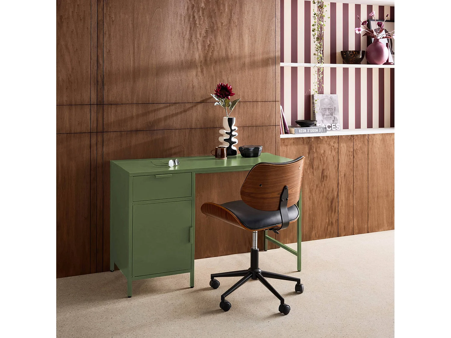 Scrivania per bambini in acciaio laminato, 1 cassetto, verde kaki