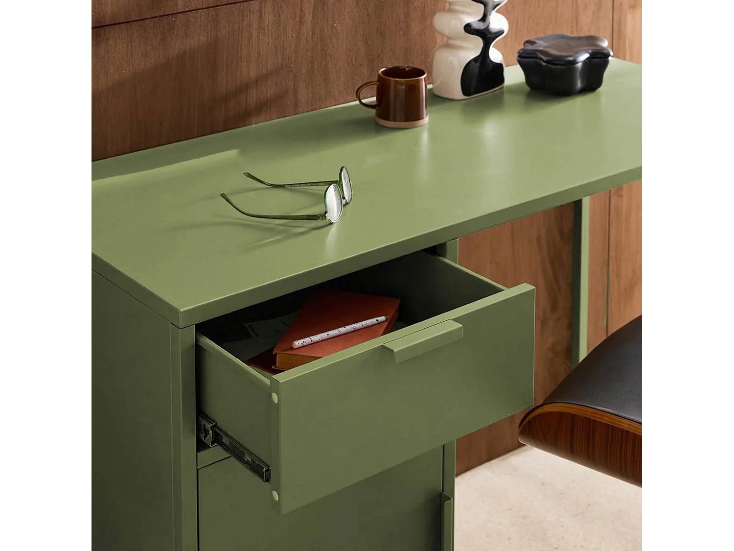 Scrivania per bambini in acciaio laminato, 1 cassetto, verde kaki