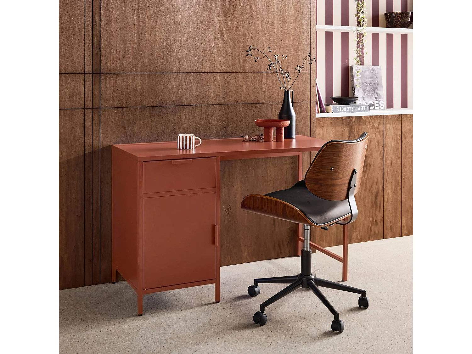 Bureau enfant acier laminé 1 tiroir. terracotta.  L 120 x P 50 x H 75 cm