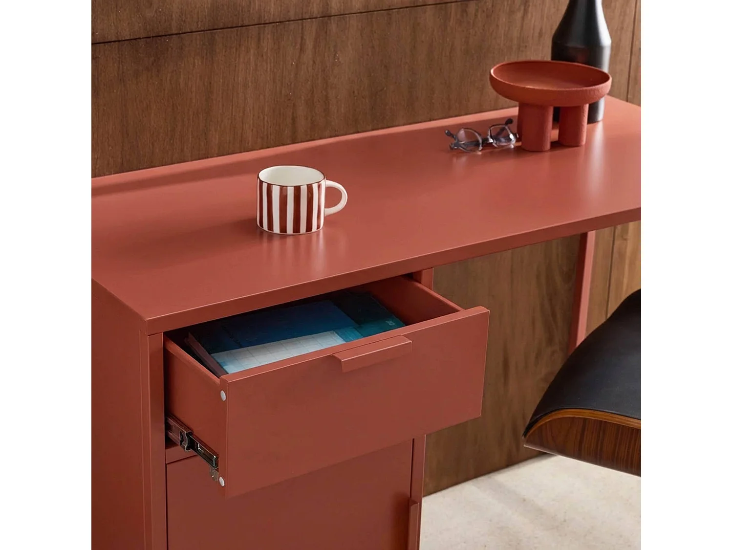 Bureau enfant acier laminé 1 tiroir. terracotta.  L 120 x P 50 x H 75 cm