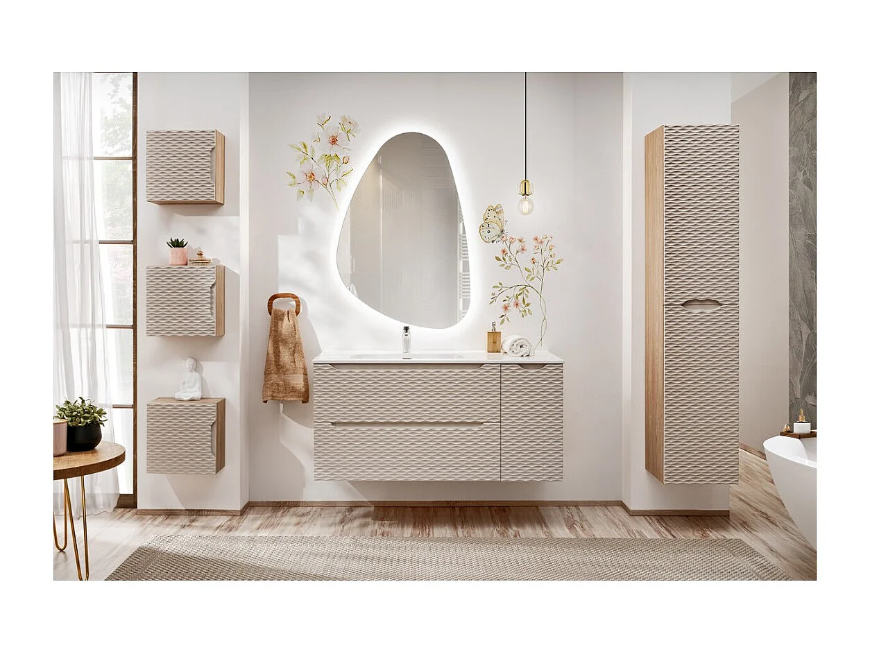 Meuble de rangement salle de bain YOKA – Beige et chêne clair – 1 porte