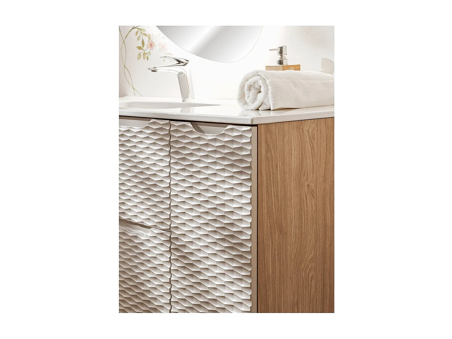 Meuble de rangement salle de bain YOKA – Beige et chêne clair – 1 porte