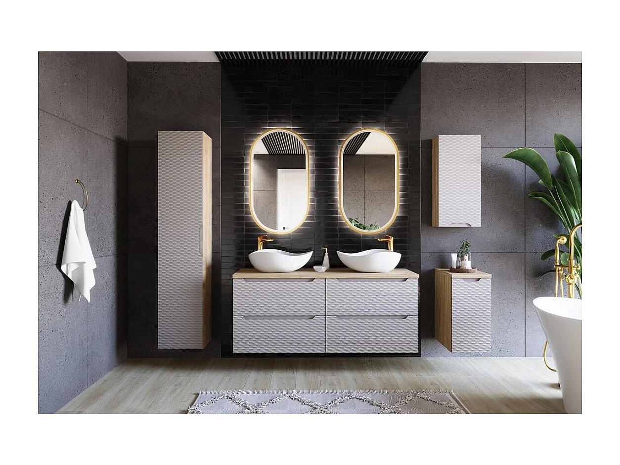 Meuble de rangement salle de bain YOKA – Beige et chêne clair – 1 porte