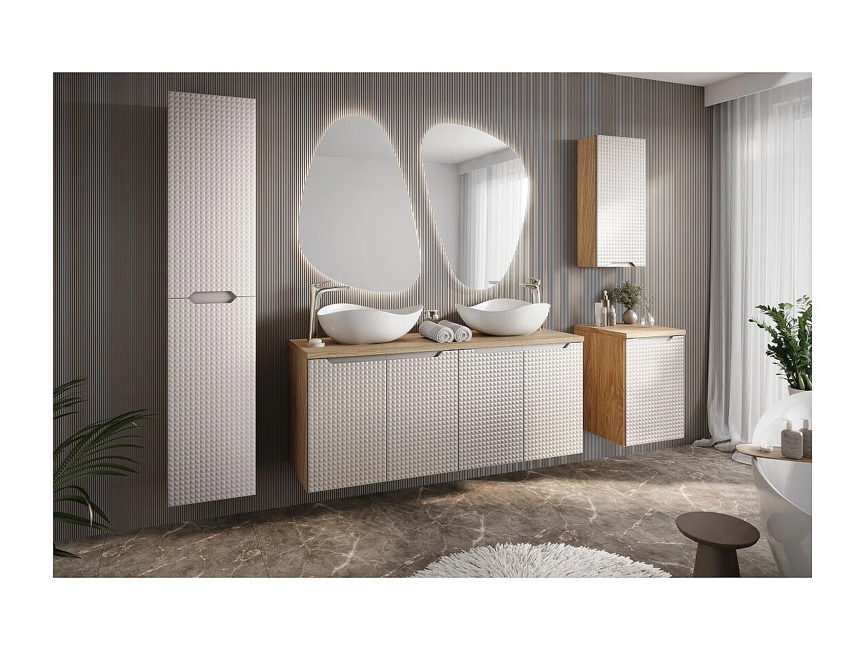 Meuble de rangement salle de bain VELNIA – 1 porte – 35 x 19 cm – Coloris chêne clair et beige – À suspendre