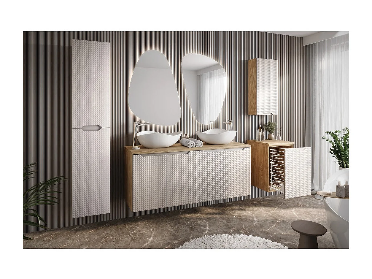 Meuble de rangement salle de bain VELNIA – 1 porte – 35 x 19 cm – Coloris chêne clair et beige – À suspendre