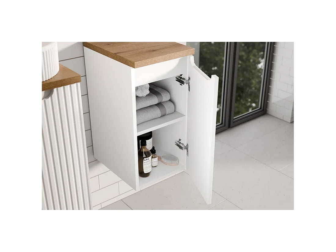 Meuble de rangement de salle de bain VANO – 1 porte – Blanc alpin – L30 × P18 × H57 cm – À suspendre