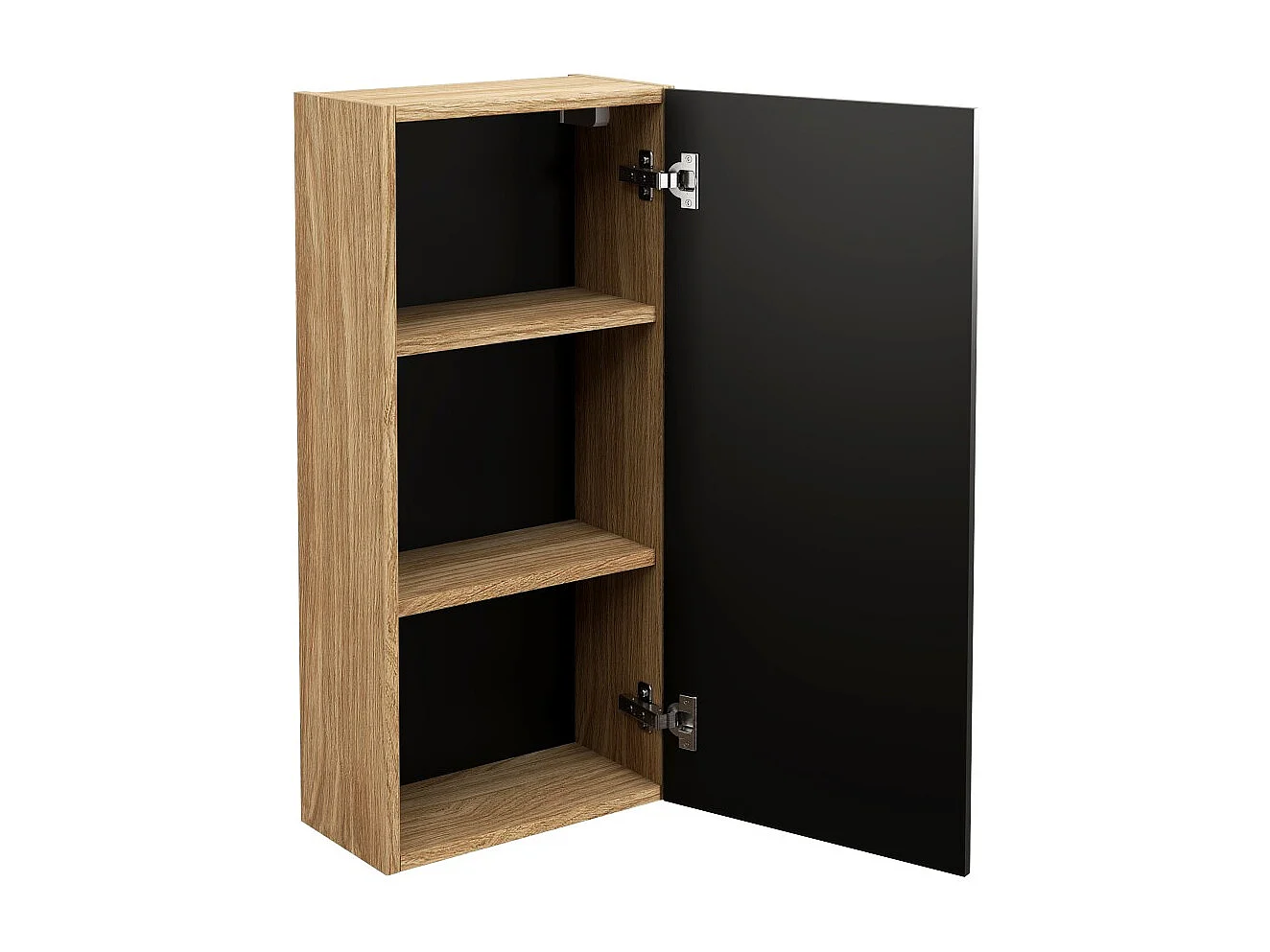 Meuble de rangement salle de bain VELNIA – 1 porte – 35 cm – Coloris chêne clair et noir – À suspendre