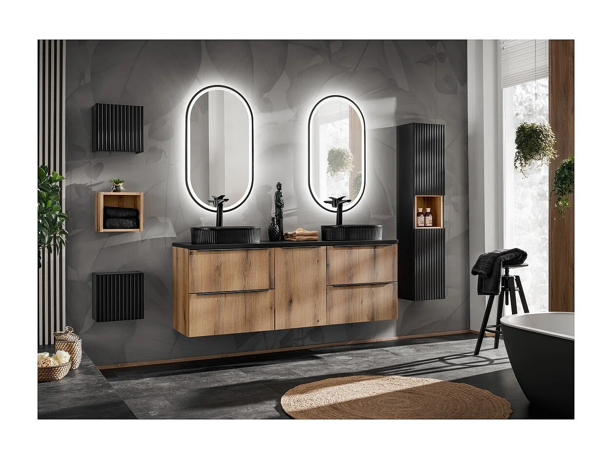 Meuble de rangement salle de bain VANO – Panier à linge – Chêne – L40 × P39 × H57 cm – À suspendre