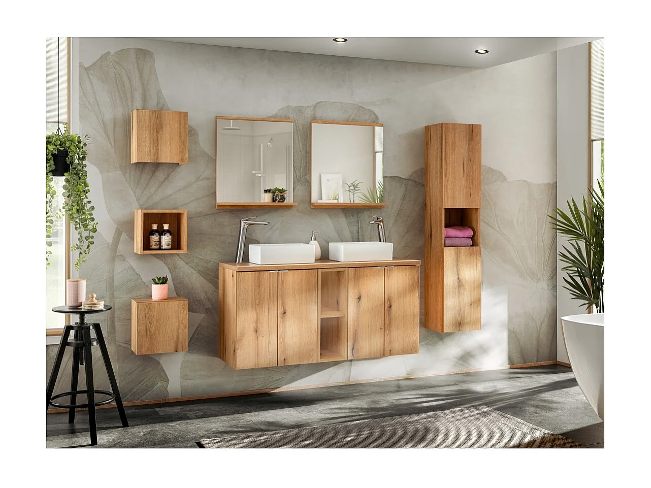 Meuble de rangement salle de bain VANO – Finition chêne – L20 × P57 × H39 cm – À suspendre