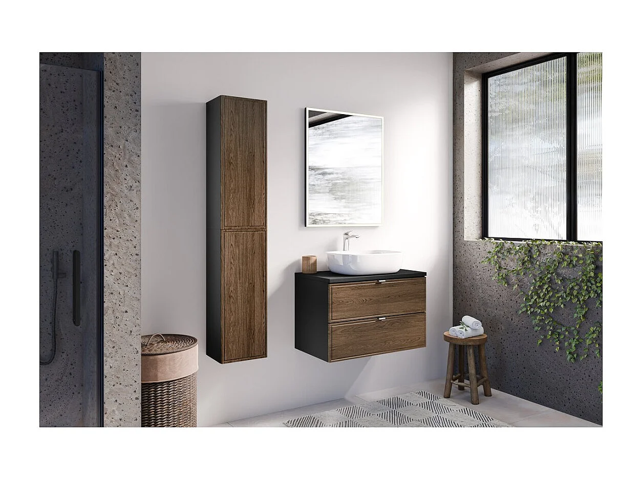 Meuble de rangement salle de bain SAVIA 80 cm marron et noir – 1 porte