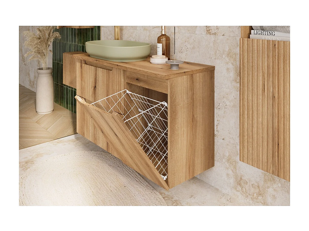 Meuble salle de bain VANO 40 cm chêne suspendu avec panier à linge